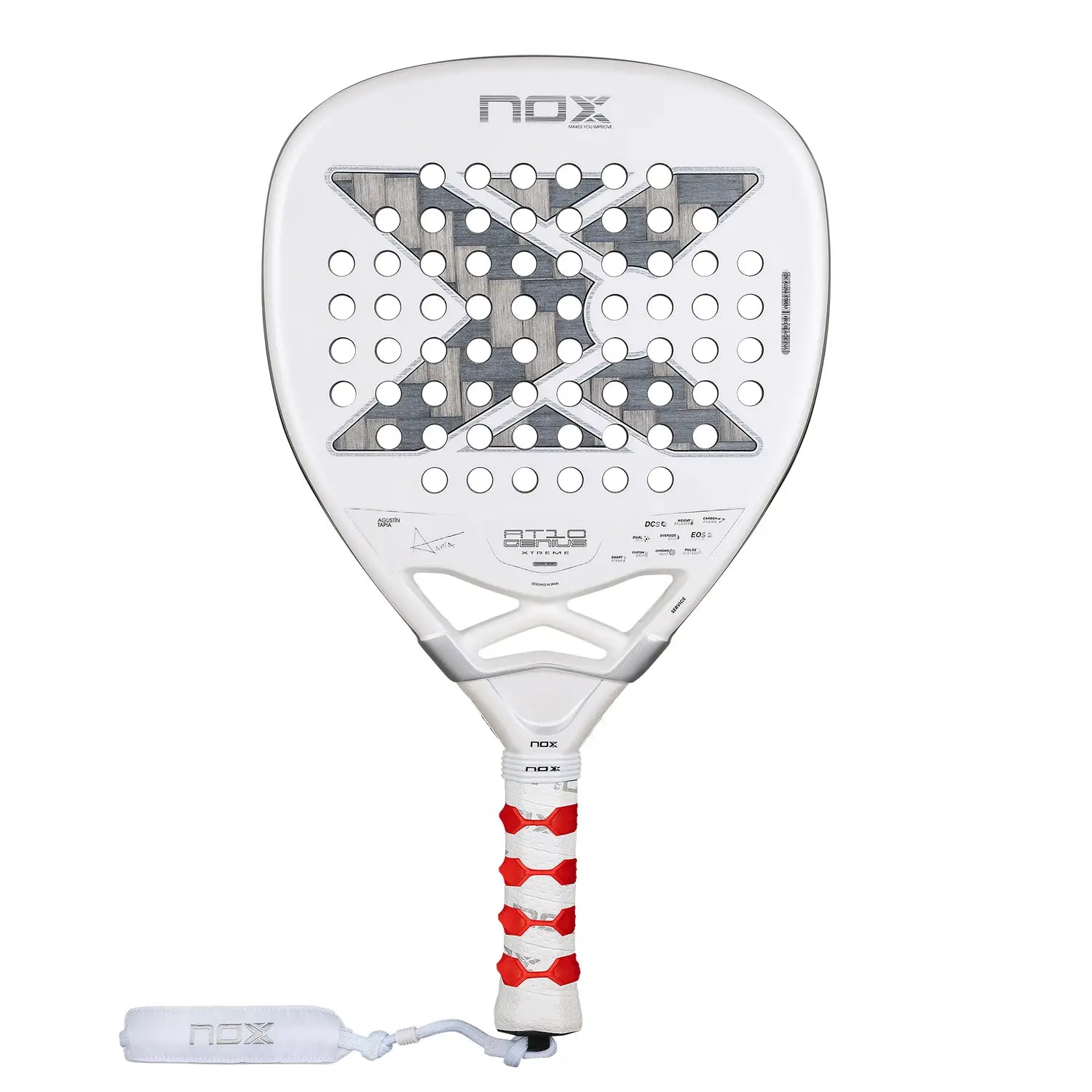 Vooraanzicht Nox AT10 12K Alum Xtrem Attack 2026 – Agustín Tapia Edition. Diamantvormig padelracket met 12K Alum Xtrem Carbon, HR3 Black EVA-kern en Dual Spin-oppervlak.