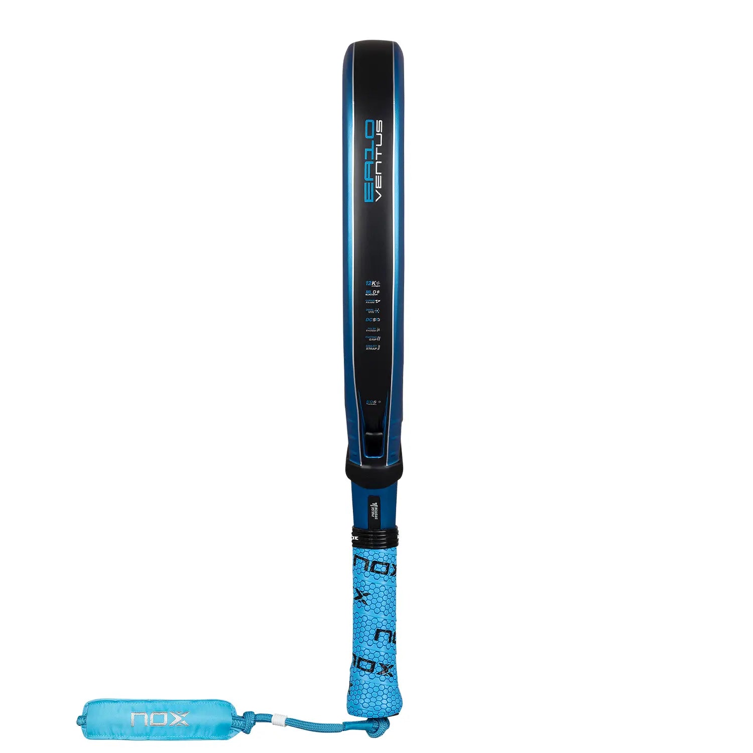 Zijaanzicht Nox EA10 Ventus Attack 12K Xtreme 2026 – Edu Alonso Edition. Diamantvormig padelracket met 12K Carbon, Multilayer Black EVA-kern en 3D-Rough Surface voor krachtig aanvallend spel.