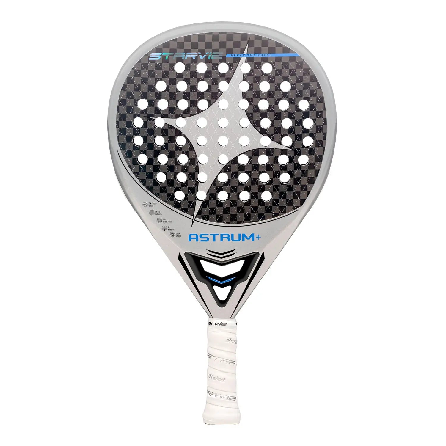 Vooraanzicht StarVie Astrum + 2025 padelracket – traanvormig model met 12K Carbon Hyper, M-EVA Balance en ruwe Spin Boost-afwerking.
