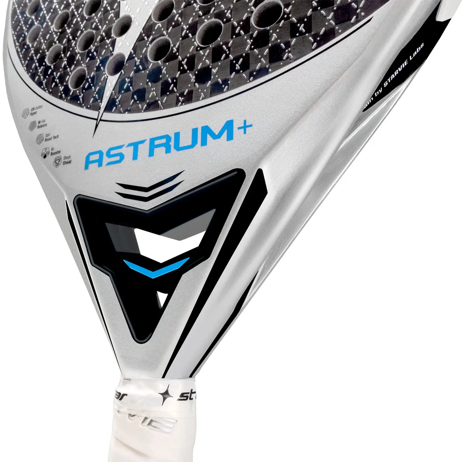 Detail StarVie Astrum + 2025 padelracket – traanvormig model met 12K Carbon Hyper, M-EVA Balance en ruwe Spin Boost-afwerking.