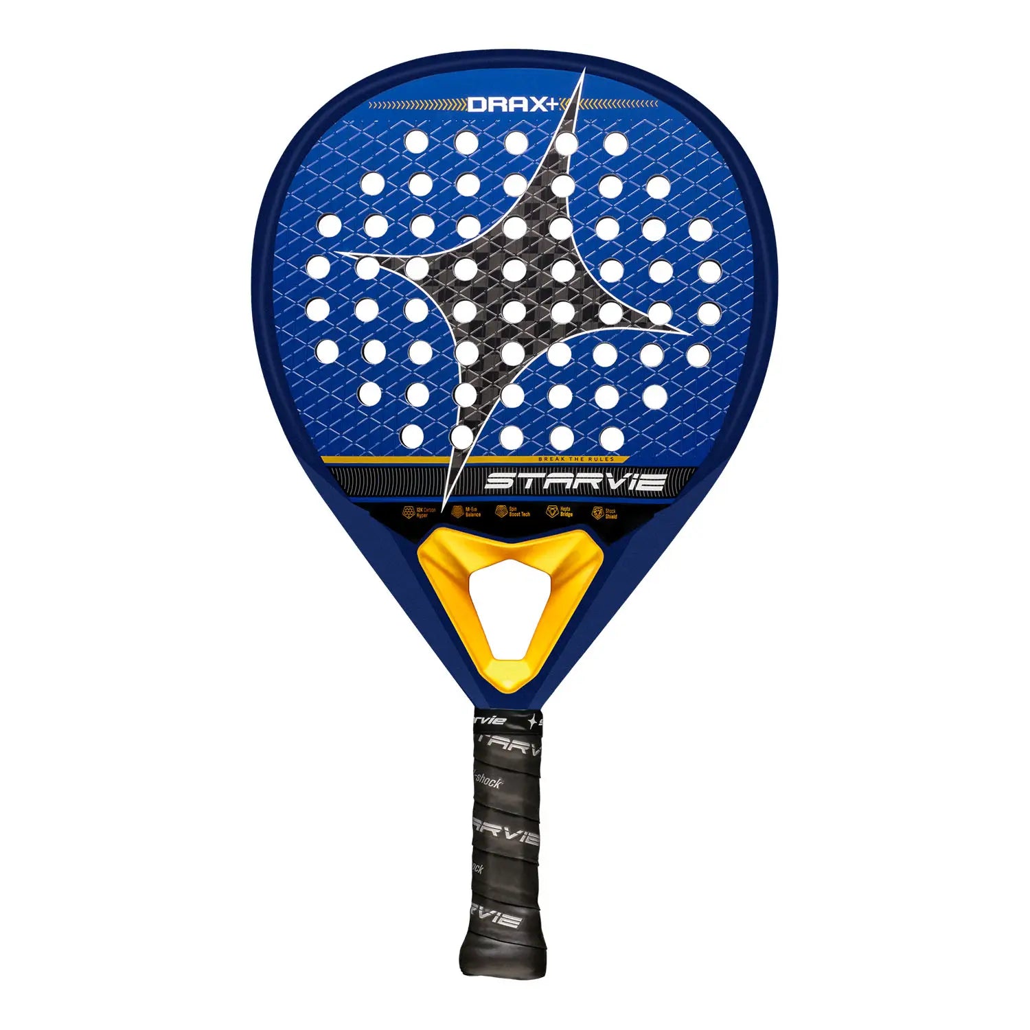 Vooraanzicht StarVie Drax+ 2025 padelracket – traanvorm met 12K Carbon Hyper, M-EVA Balance-kern en ruwe Spin Boost-afwerking.