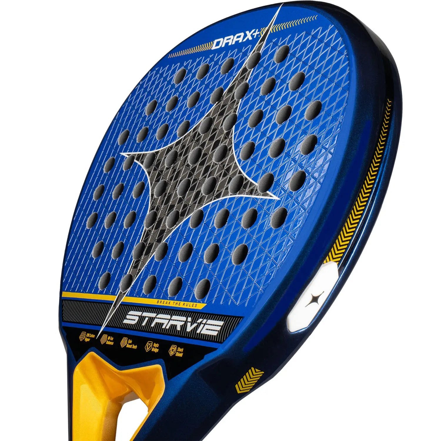 Slagoppervlak van de StarVie Drax+ 2025 padelracket – traanvorm met 12K Carbon Hyper, M-EVA Balance-kern en ruwe Spin Boost-afwerking.