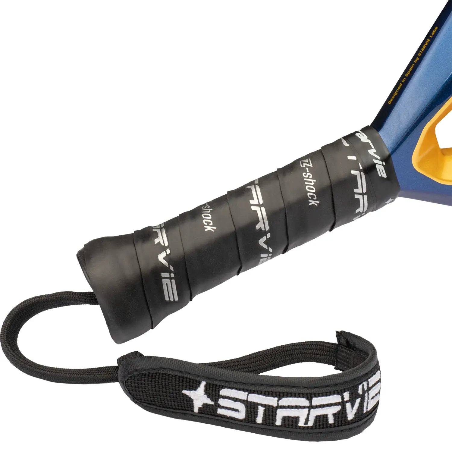 Handvat StarVie Drax+ 2025 padelracket – traanvorm met 12K Carbon Hyper, M-EVA Balance-kern en ruwe Spin Boost-afwerking.