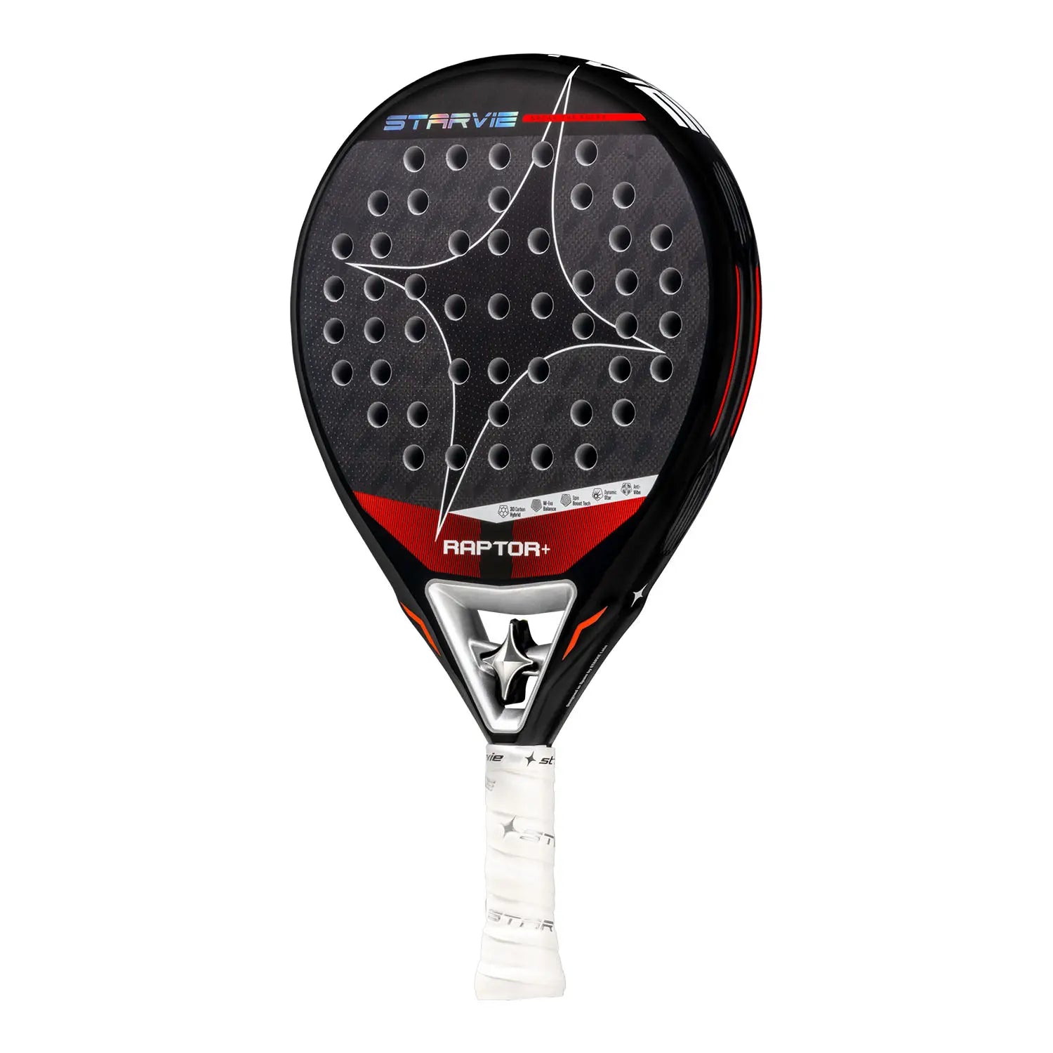 Schuin vooraanzicht StarVie Raptor+ 2026 padelracket – traanvormig met 3D Carbon, M-EVA Balance-kern, Spin Boost-afwerking en Dynamic Star-technologie.