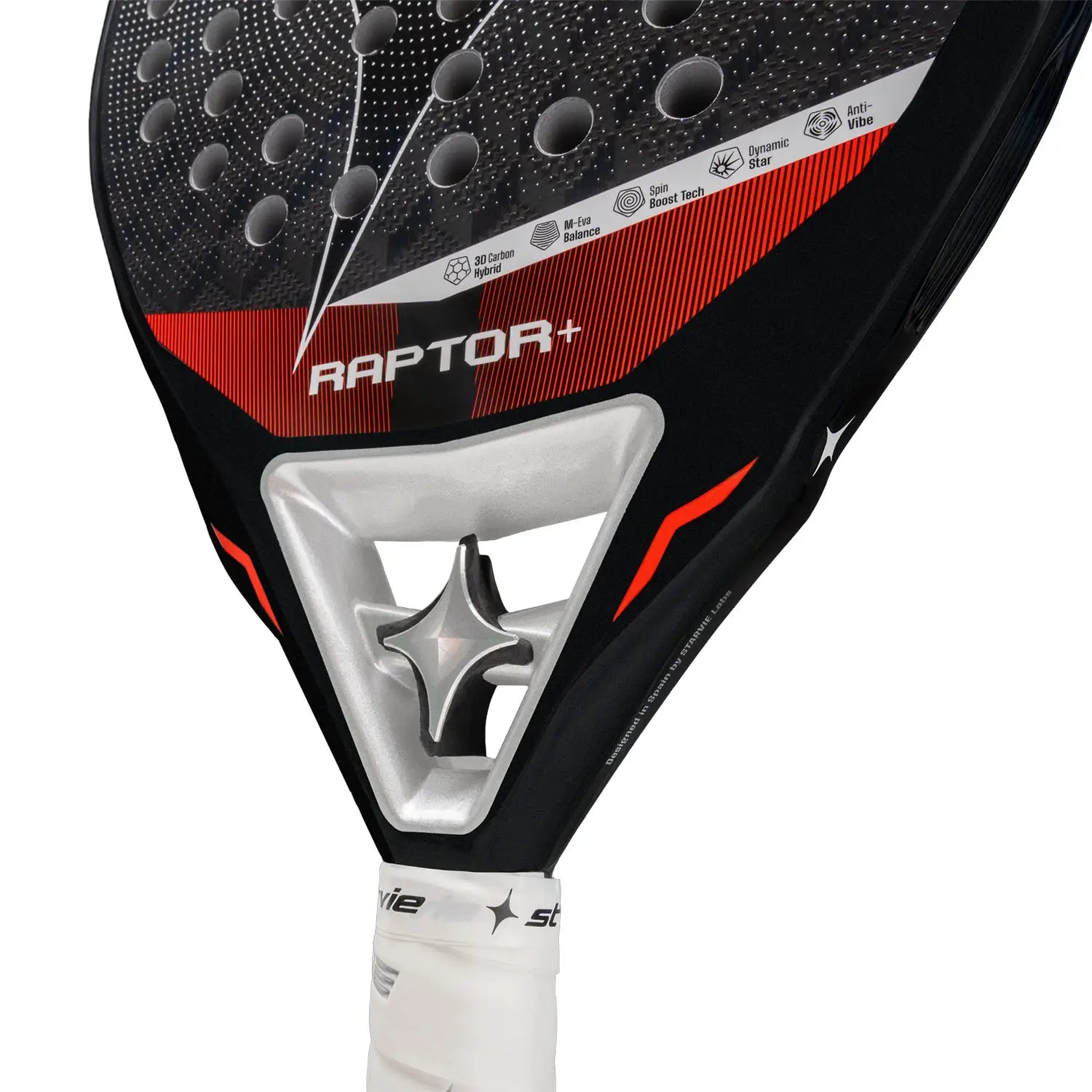 Detail StarVie Raptor+ 2026 padelracket – traanvormig met 3D Carbon, M-EVA Balance-kern, Spin Boost-afwerking en Dynamic Star-technologie.