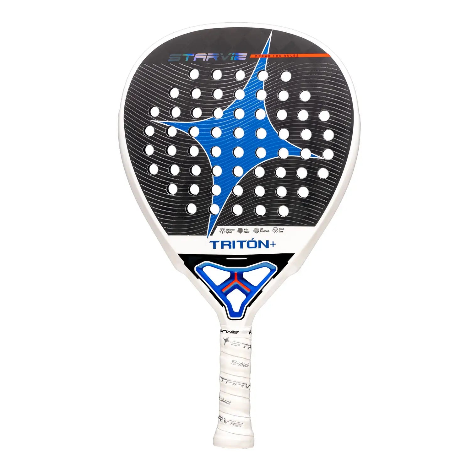 Vooraanzicht StarVie Triton Power+ 2026 padelracket – diamantvormig model met 18K Carbon Hybrid, H-EVA Power-kern en ruwe Spin Boost-afwerking.