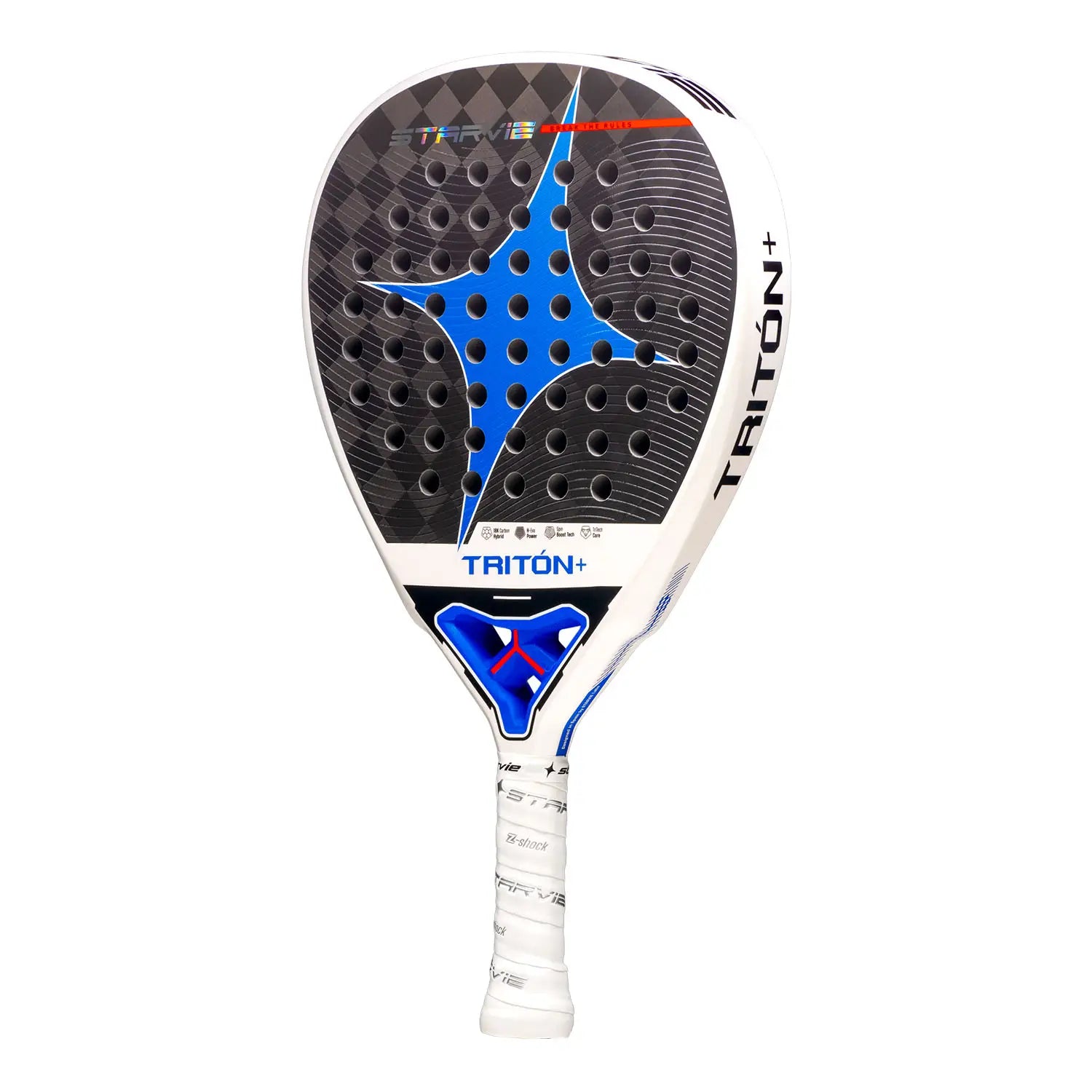 Schuin vooraanzicht StarVie Triton Power+ 2026 padelracket – diamantvormig model met 18K Carbon Hybrid, H-EVA Power-kern en ruwe Spin Boost-afwerking.
