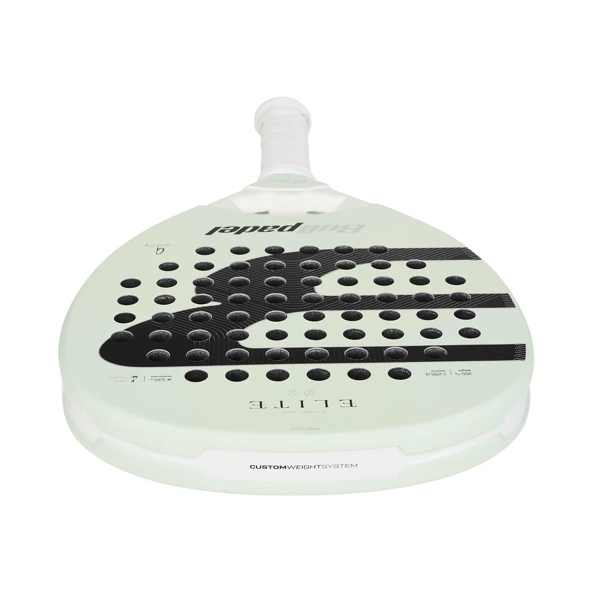 Bovenaanzicht Bullpadel Elite 02 2027 lichtgroen padel racket met zwart Bullpadel logo.