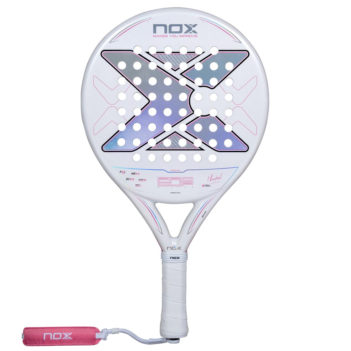 Vooraanzicht wit padel racket Nox Pro Cup Silver 2027 met roze details