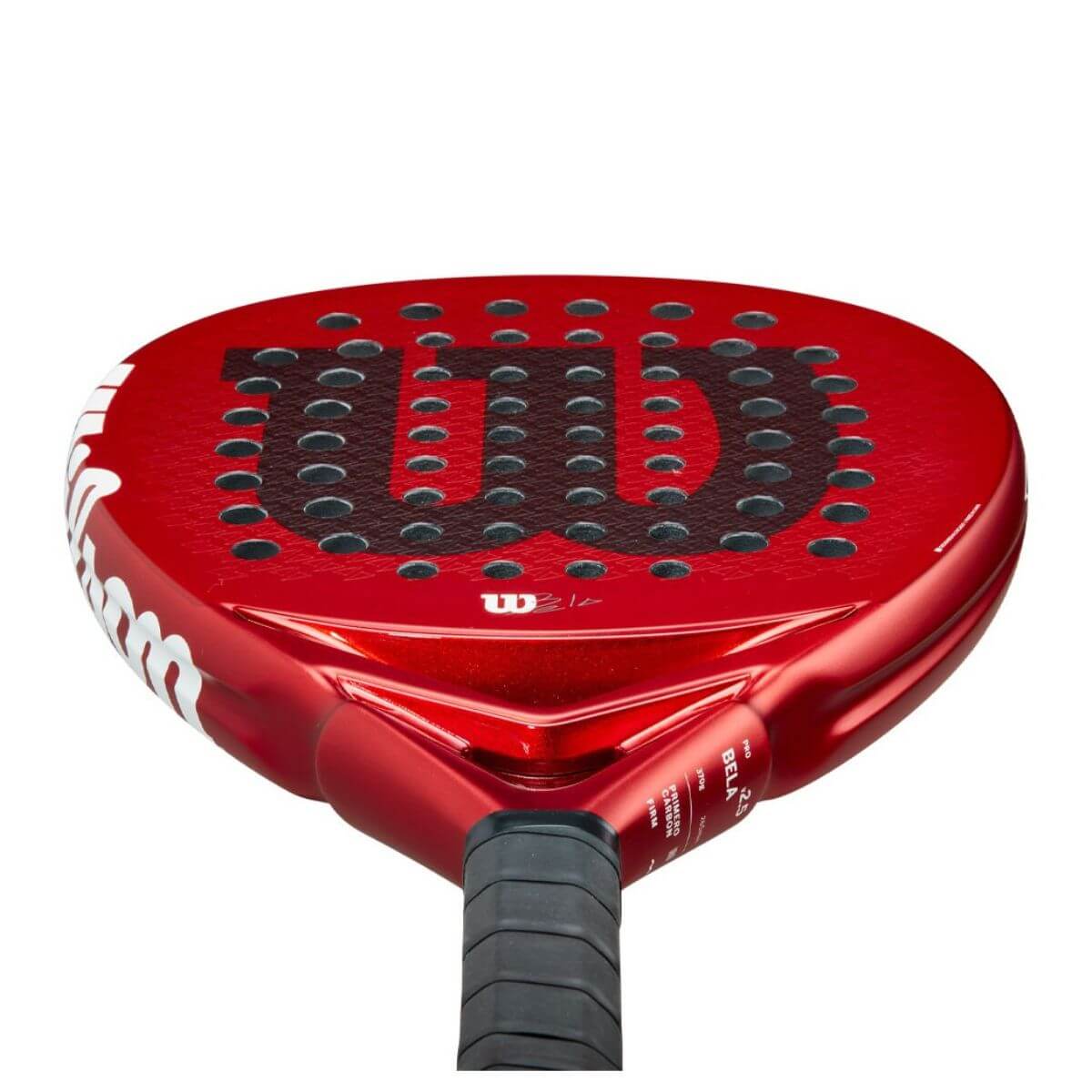 Onderaanzicht: Wilson Bela Pro V2.5 padelracket in zwart-rood design met druppelvorm.