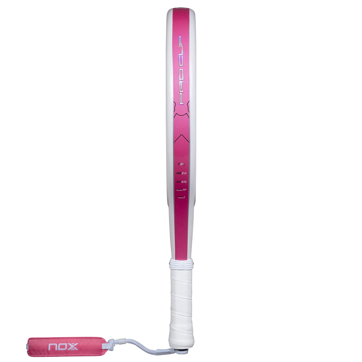 Zijaanzicht wit padel racket Nox Pro Cup Silver 2027 met roze details
