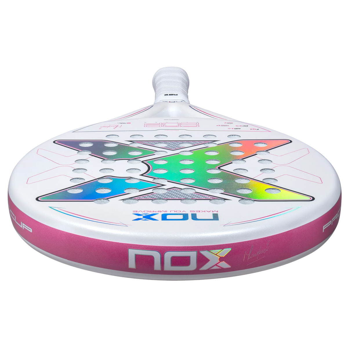 Bovenaanzicht wit padel racket Nox Pro Cup Silver 2027 met roze details
