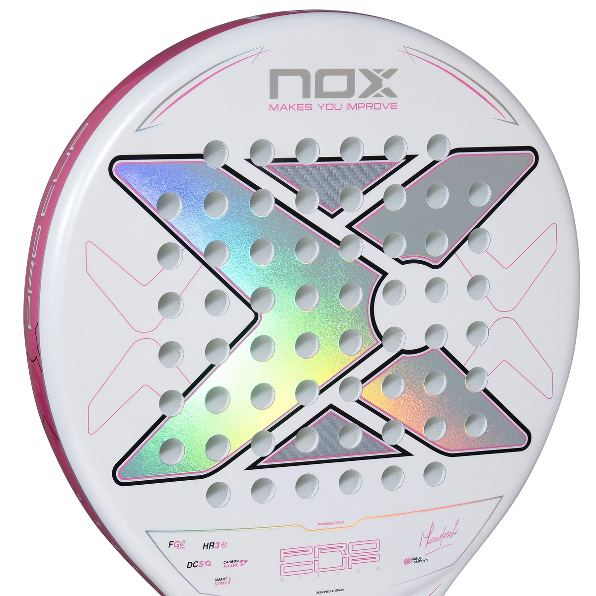 Detail slagoppervlak wit padel racket Nox Pro Cup Silver 2027 met roze details