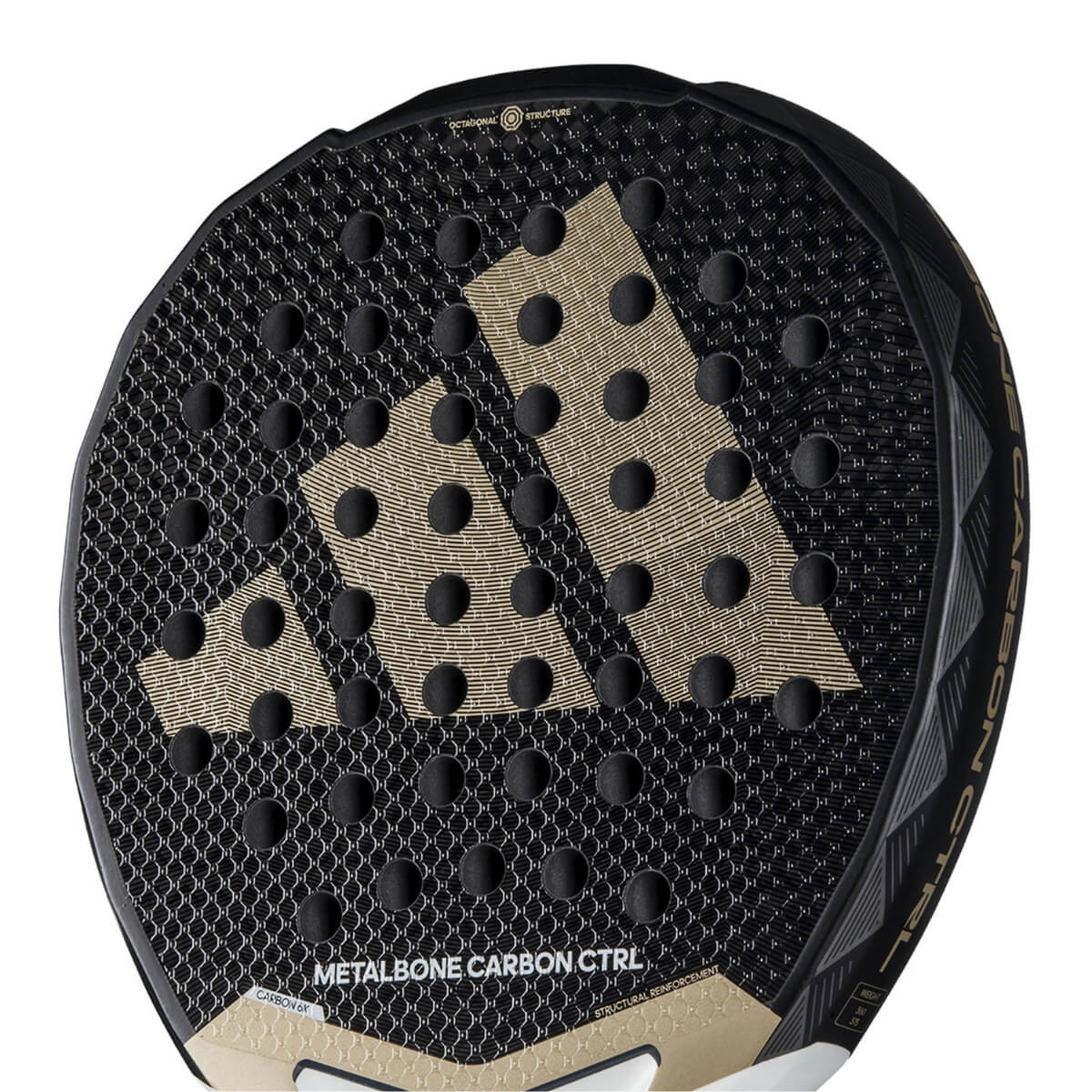 Adidas Metalbone Carbon Ctrl 3.4 padel racket zwart met gouden logo adidas scuin vooraanzicht slagoppervlak