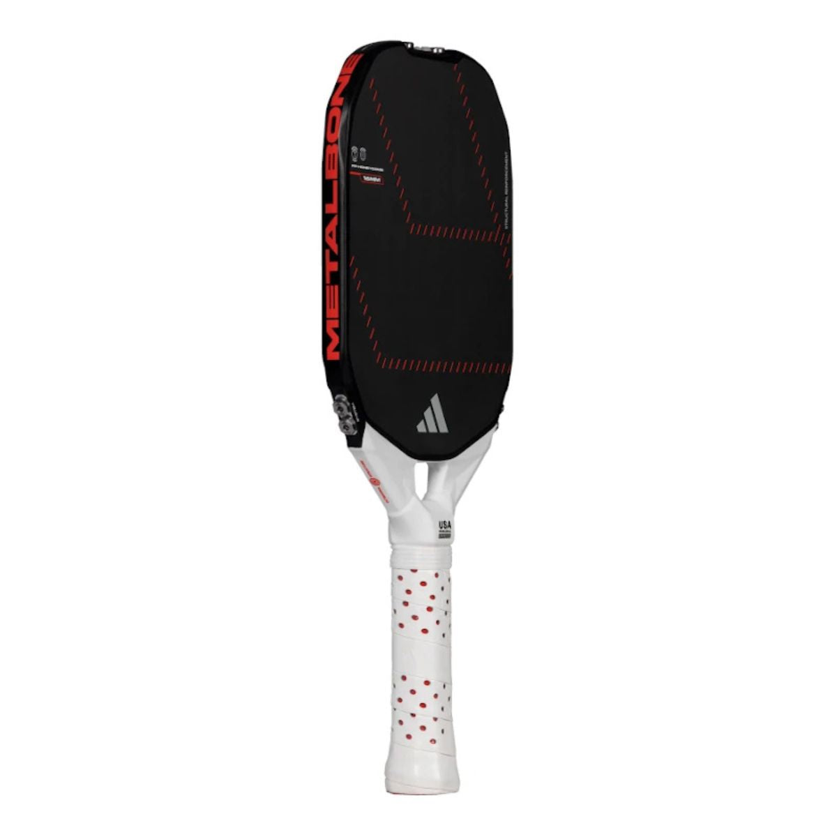 Schuin vooraanzicht Adidas Metalbone LP 2025 pickleballracket – verlengd model met verstelbaar gewicht, 16 mm dikte en gestructureerd oppervlak voor spin en controle.