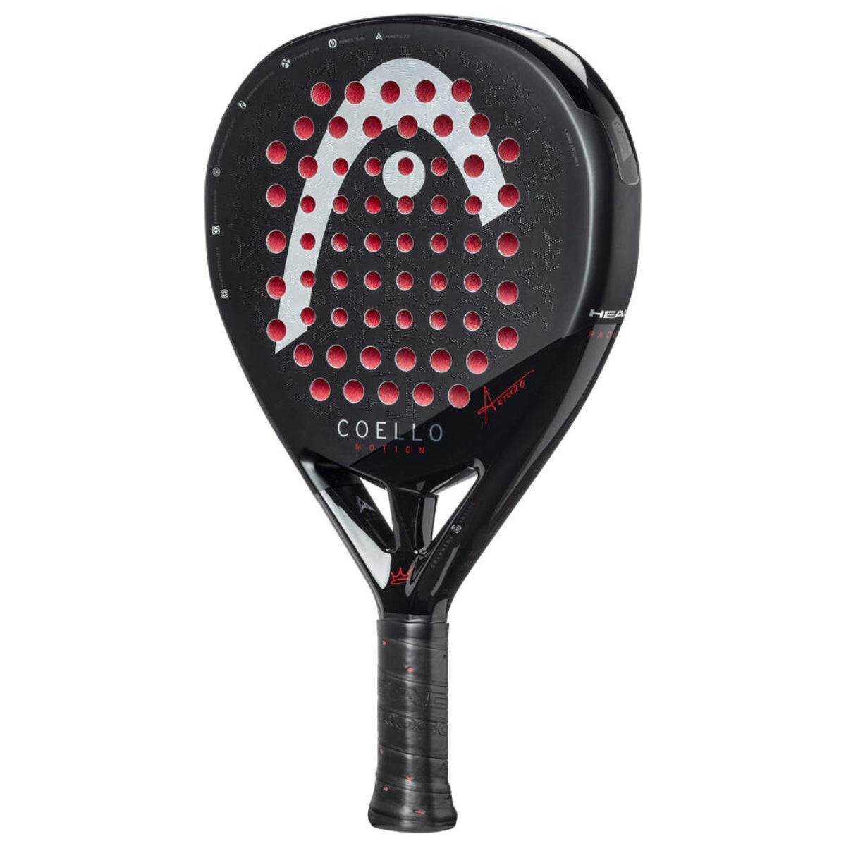 Schuin vooraanzicht van Head Coello Motion zwarte padel racket met wit Head logo en het woord Coello onderaan.