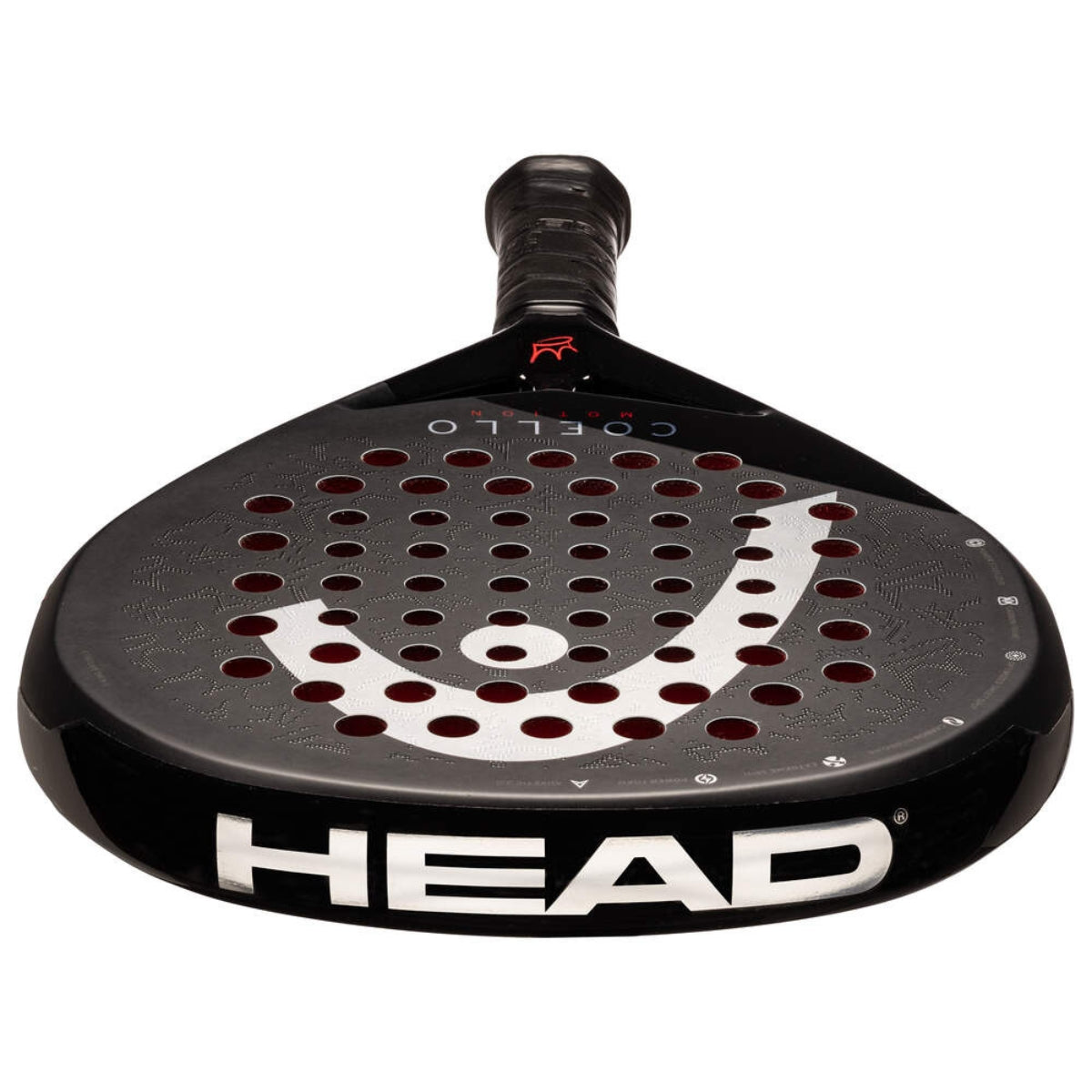 Bovenaanzicht van Head Coello Motion zwarte padel racket met wit Head logo en het woord Coello onderaan.