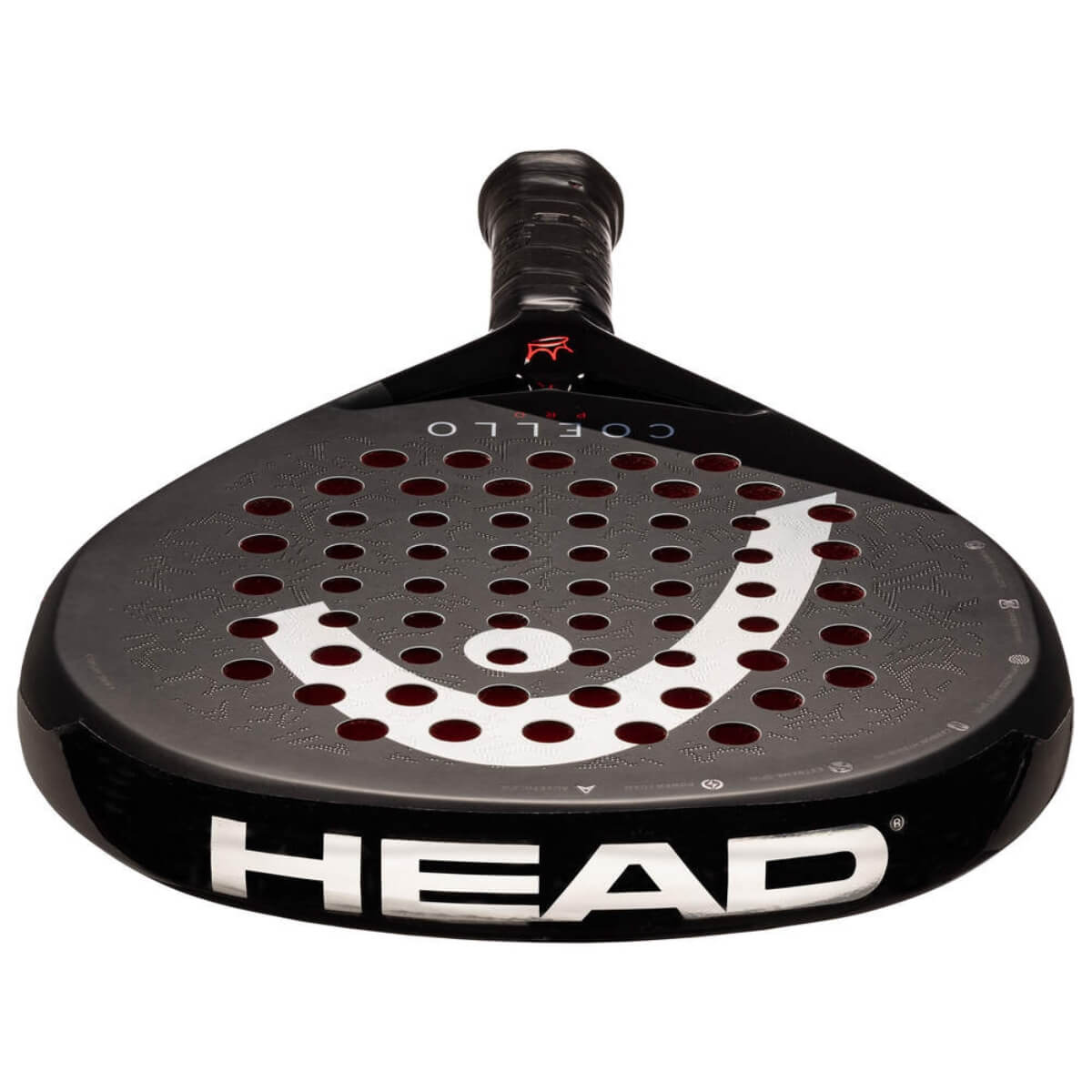 Bovenaanzicht van de zwarte padel racket Coello Pro 2025 met wit Head logo en het woord Coello onderaan.