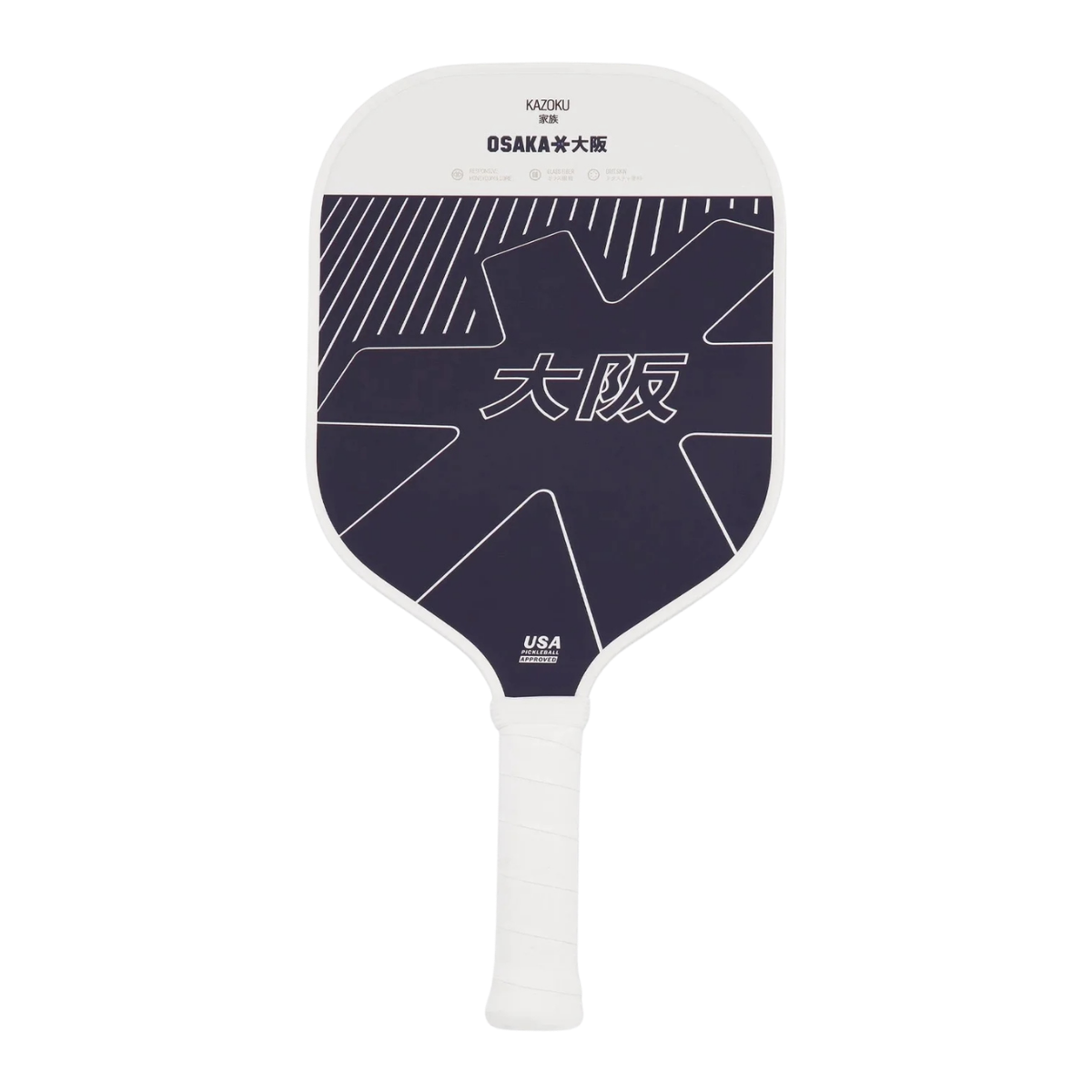 Vooraanzicht pickleball racket wit met paarse details en logo Osaka