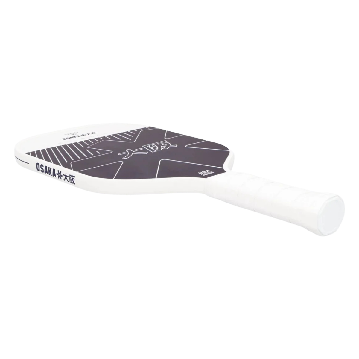 Schuin bovenaanzicht pickleball racket wit met paarse details en logo Osaka