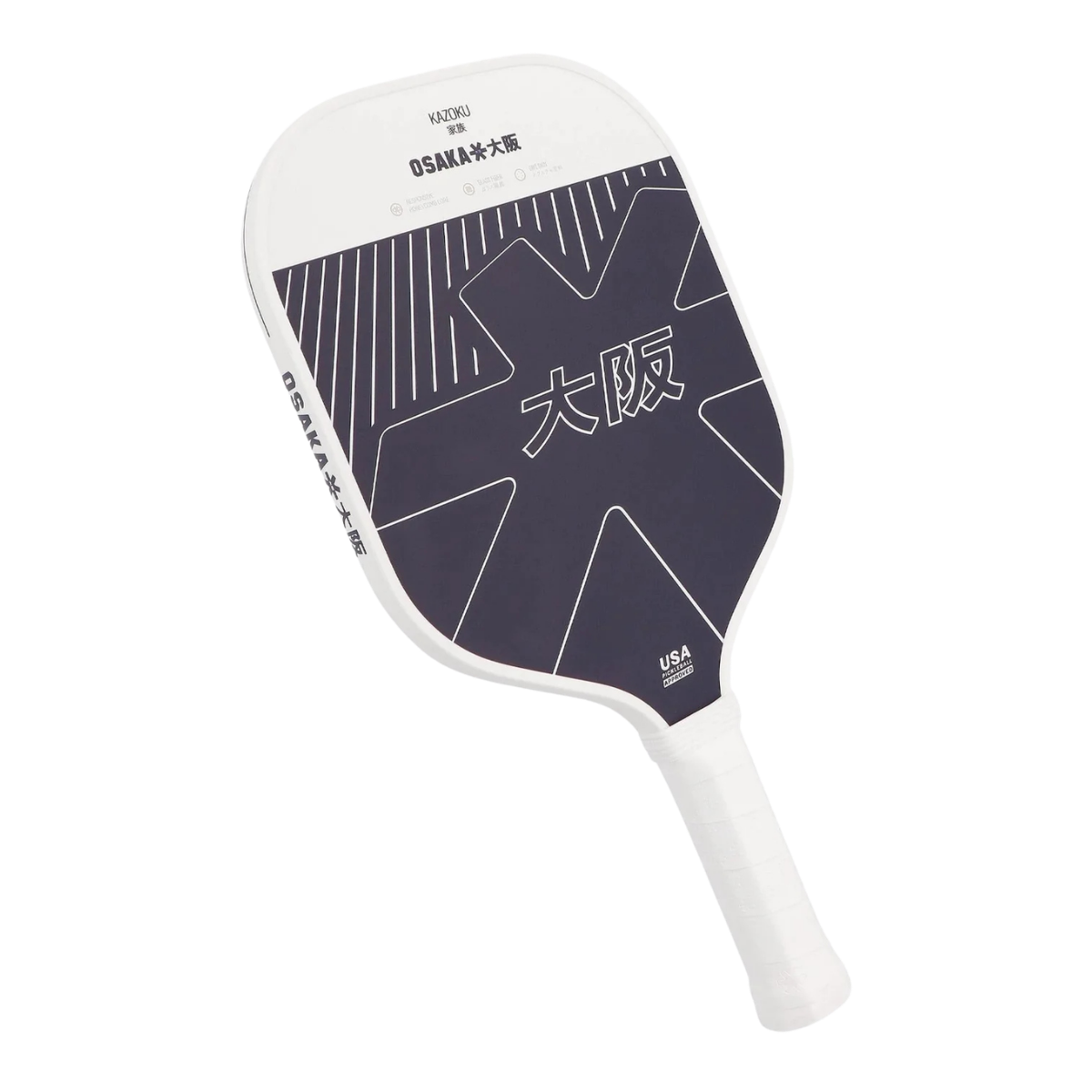 Schuin vooraanzicht pickleball racket wit met paarse details en logo Osaka