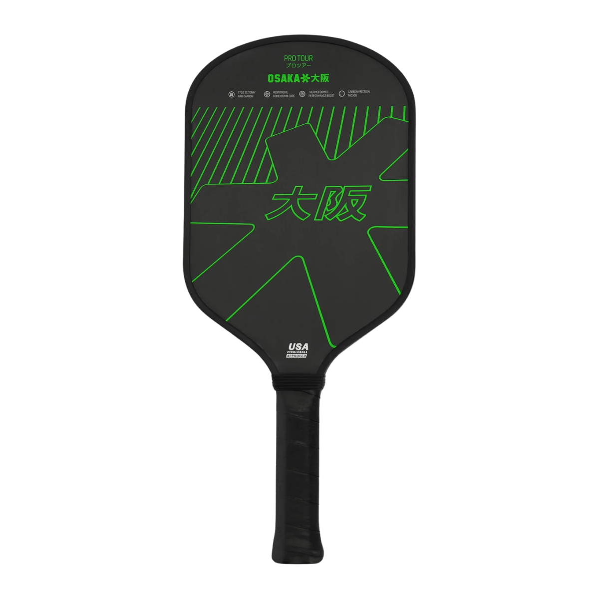 Vooraanzicht Osaka Pro Tour Pickleball racket zwart met groen Osaka logo