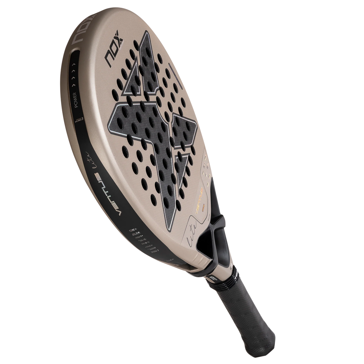 Schuin bovenaanzicht bronzen padel racket Nox Ventus Light 12k 2027