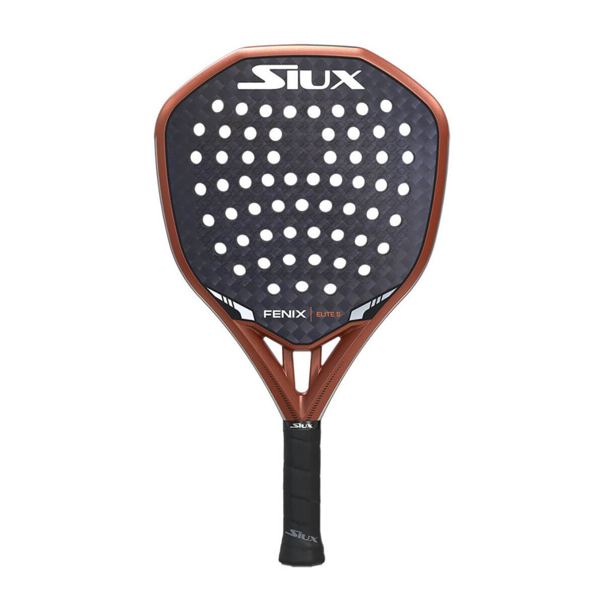 Vooraanzicht: Siux Fenix Elite 5 2025 padelracket met diamantvorm en krachtig design.