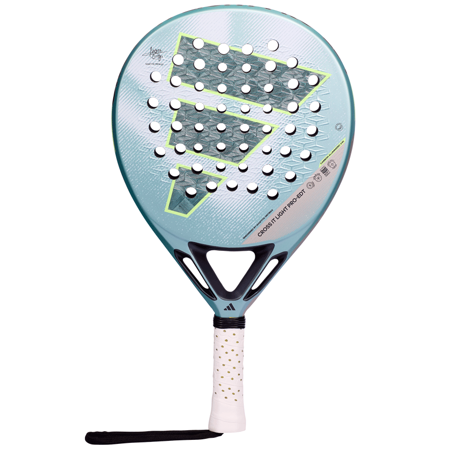Vooraanzicht padel racket Adidas Cross It Light Pro EDT 2026, lichtblauw racket met grijs blauw Adidas logo met fluo gele details en wit handvat