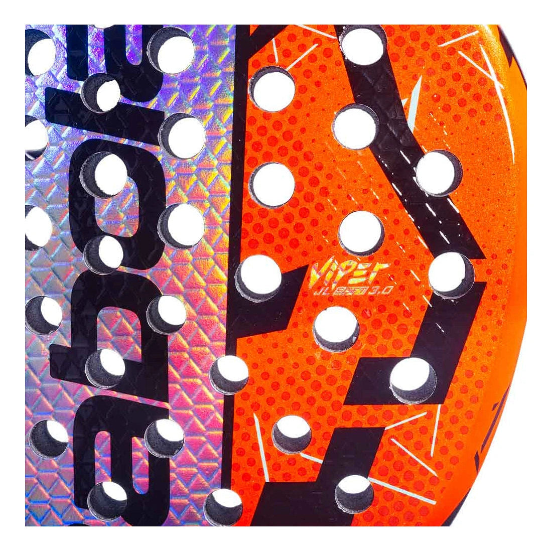 Detail slagoppervlak Babolat Viper Soft Juan Lebrón 3.0: diamantvormig power padelracket met Soft Carbon, X-EVA kern en extra comfort.