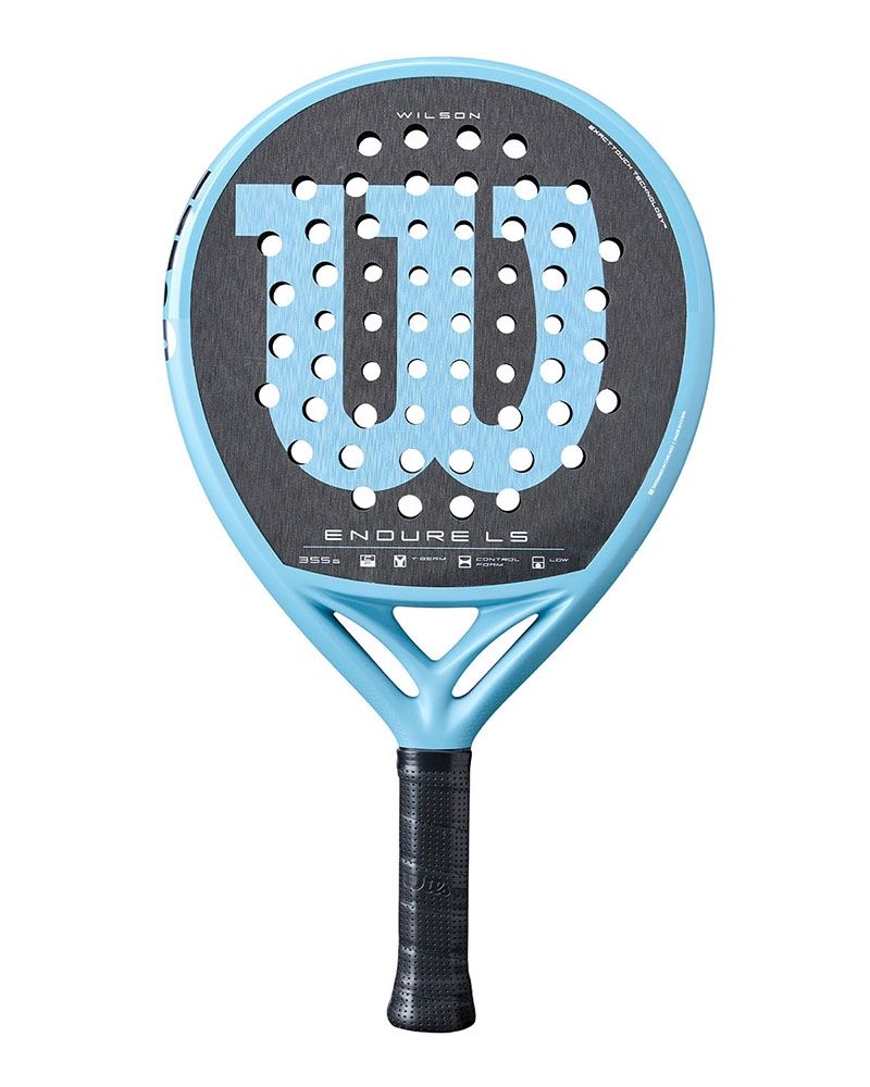 Vooraanzicht Wilson Endure LS V1: rond controle-padelracket van 355 g met Comfort Flex, Control Foam en lage balans. Lichtblauw kader en logo van Wilson.
