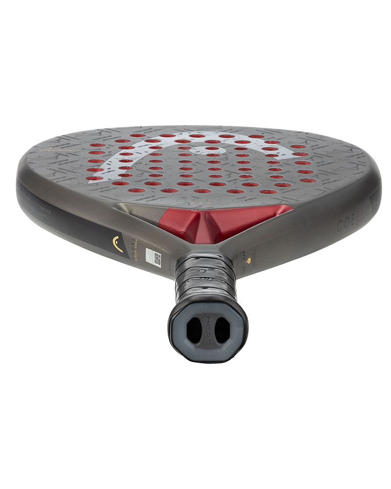 Onderaanzicht Head Coello Pro 2026 donker grijs padel racket met zwart Head logo en rode accenten.