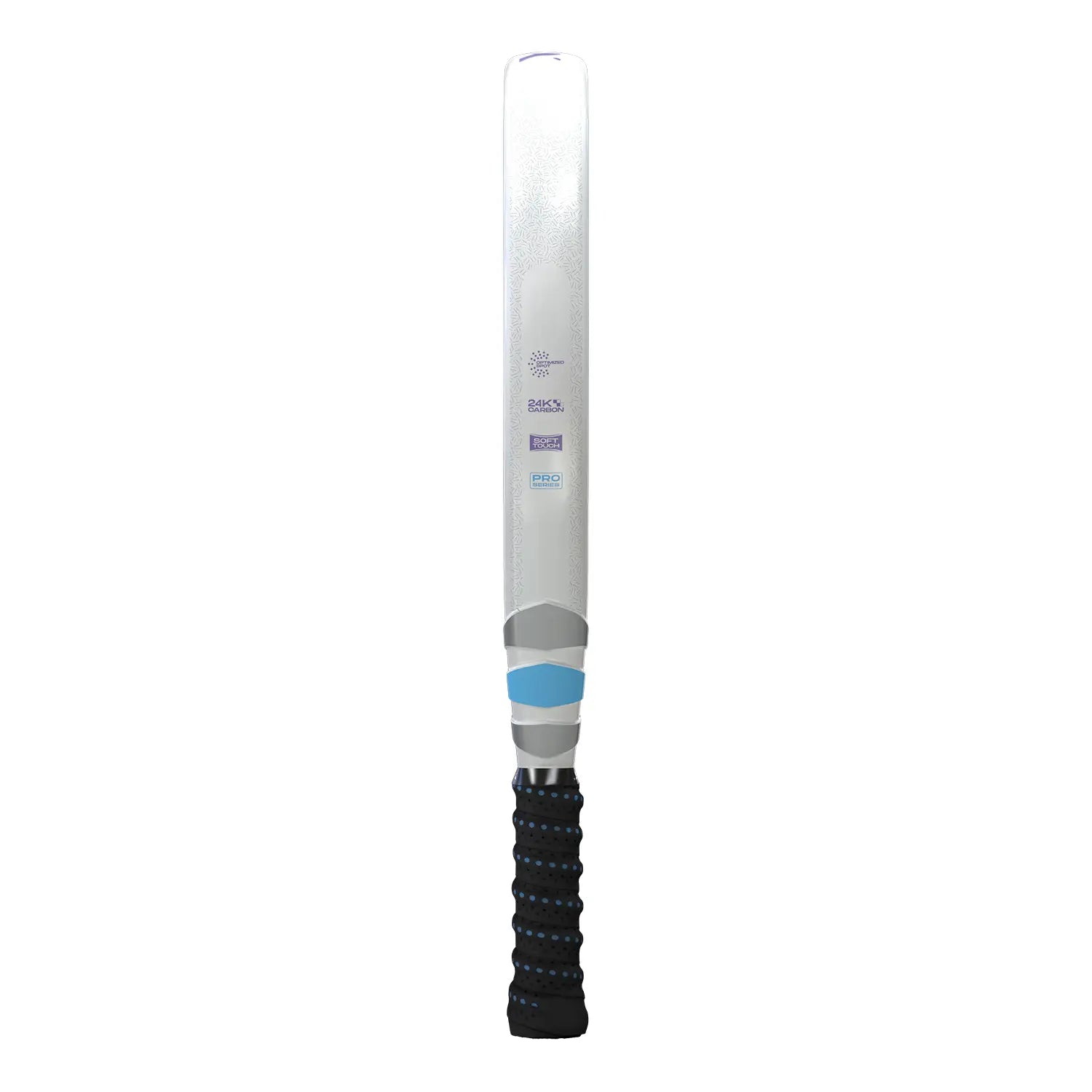Zijaanzicht Siux Valkiria Pro 2025 padelracket – hybride model met 24K aluminized carbon, Soft EVA-kern en glanzende blauw-witte afwerking.