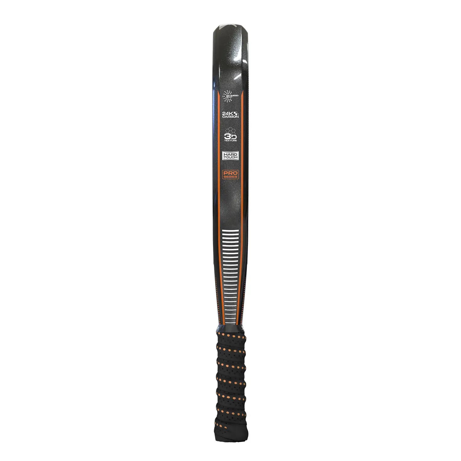 Zijaanzicht Siux Fenix Pro 5 Black 2025 padelracket – Leo Augsburger Edition. Diamantvorm met 24K Carbon, Black EVA-kern en 3D-oppervlak.