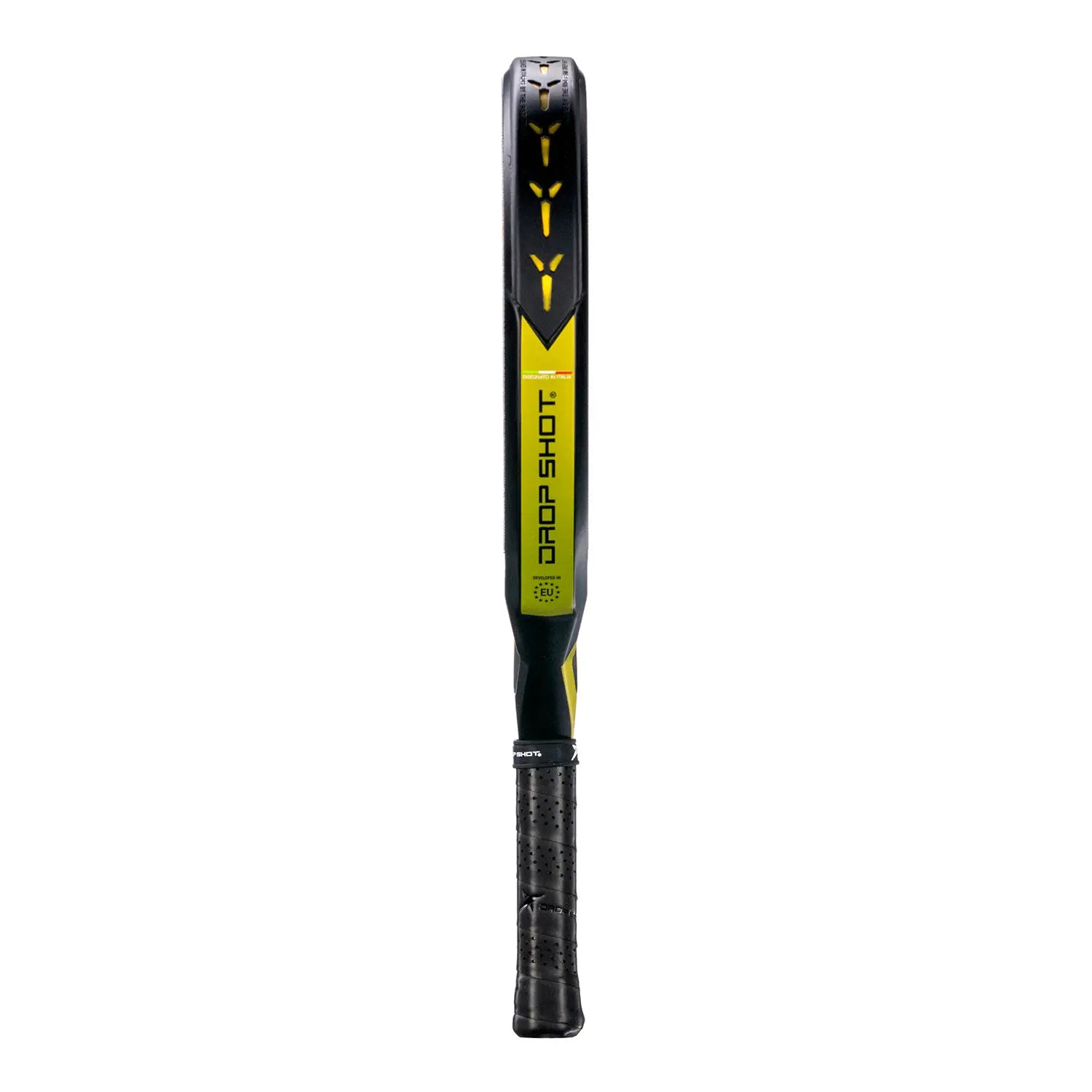 Zijaanzicht Drop Shot Explorer Pro Attack 1.5 padelracket – traanvormig model met 24K Carbon Twill, EVA Pro-kern en antivibratie-technologie. Zwart met gouden details.