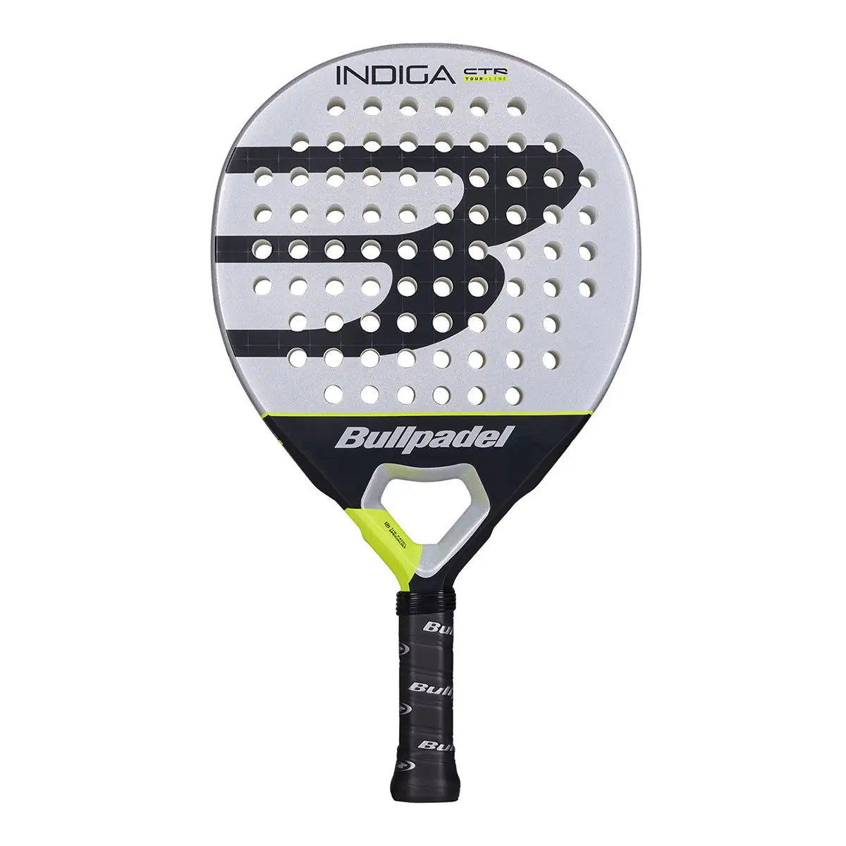 Vooraanzicht Bullpadel Indiga Control 2026 padelracket – rond model met SoftEva-kern, Polyglass-bladen en CarbonTube-frame. Licht, controlegericht en comfortabel.