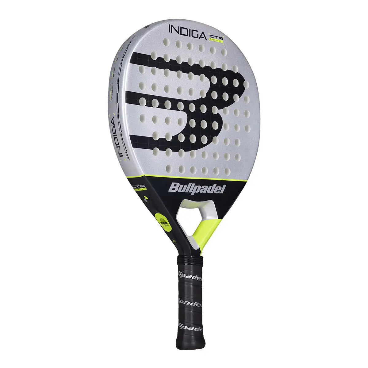 Schuin vooraanzicht Bullpadel Indiga Control 2026 padelracket – rond model met SoftEva-kern, Polyglass-bladen en CarbonTube-frame. Licht, controlegericht en comfortabel.