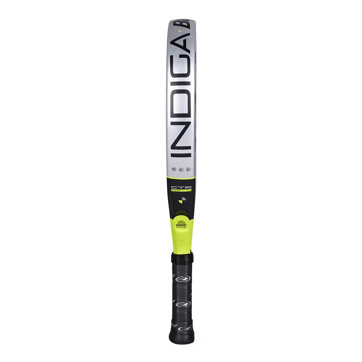 Zijaanzicht Bullpadel Indiga Control 2026 padelracket – rond model met SoftEva-kern, Polyglass-bladen en CarbonTube-frame. Licht, controlegericht en comfortabel.