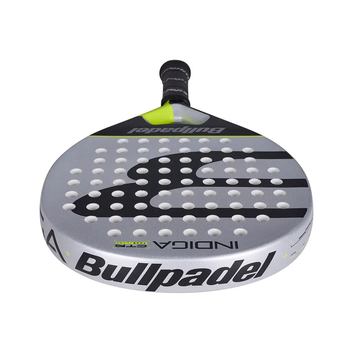 Bovenaanzicht Bullpadel Indiga Control 2026 padelracket – rond model met SoftEva-kern, Polyglass-bladen en CarbonTube-frame. Licht, controlegericht en comfortabel.