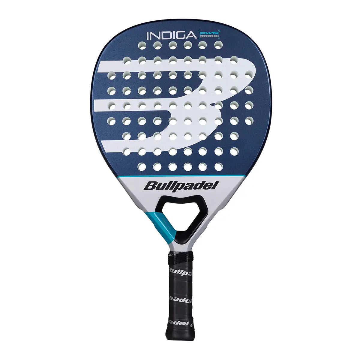 Vooraanzicht Bullpadel Indiga Power 2026 padelracket – diamantvorm met SoftEva-kern, Polyglass-bladen en carbon frame. Licht, krachtig en comfortabel.