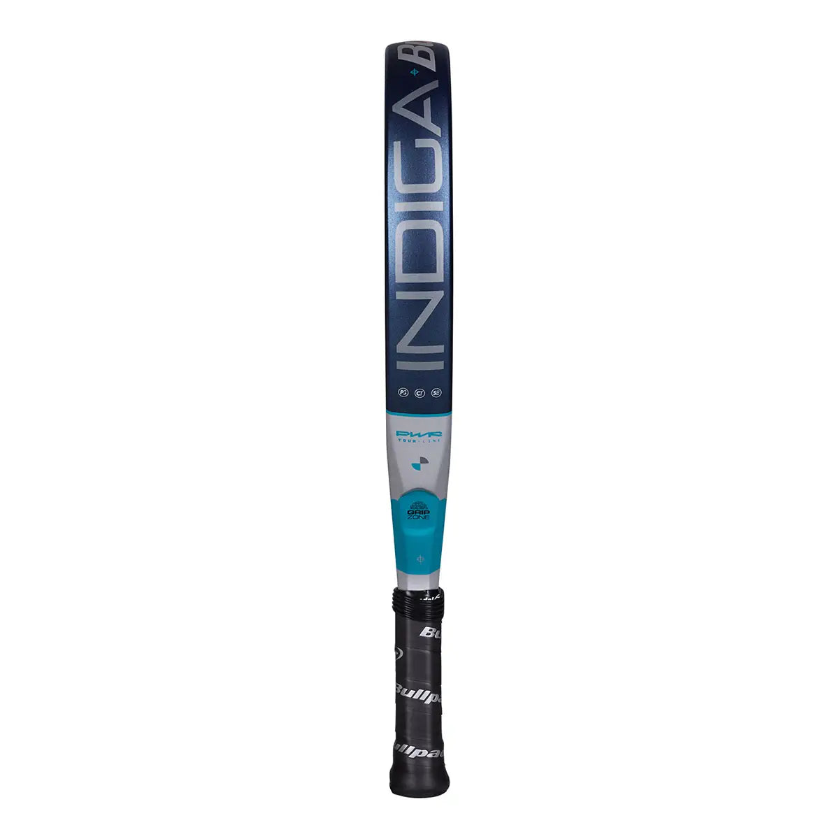 Zijaanzicht Bullpadel Indiga Power 2026 padelracket – diamantvorm met SoftEva-kern, Polyglass-bladen en carbon frame. Licht, krachtig en comfortabel.