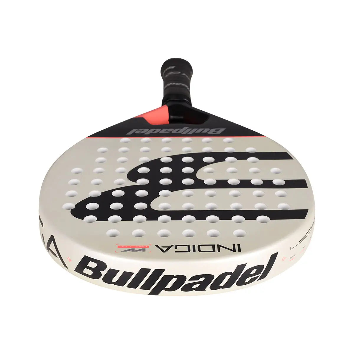 Bovenaanzicht Bullpadel Indiga Woman 2026 padelracket – rond model met SoftEva-kern, Polyglass-bladen en carbon frame. Licht, wendbaar en controlegericht.