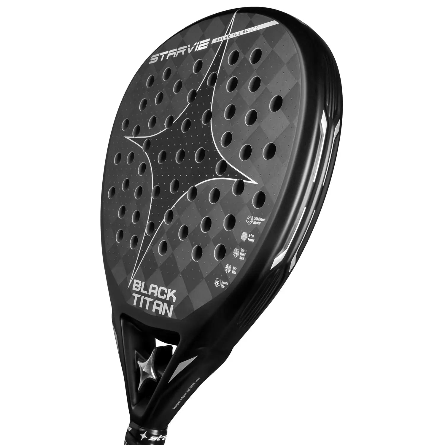 Slagoppervlak StarVie Black Titan 2025 padelracket – hybride model met 24K Carbon Master, H-EVA Power-kern en ruwe Spin Boost-afwerking.