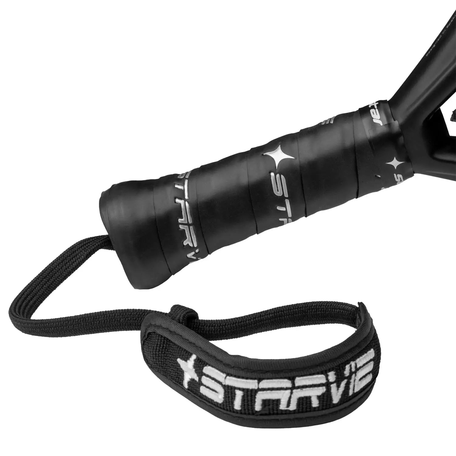 Handvat StarVie Black Titan 2025 padelracket – hybride model met 24K Carbon Master, H-EVA Power-kern en ruwe Spin Boost-afwerking.