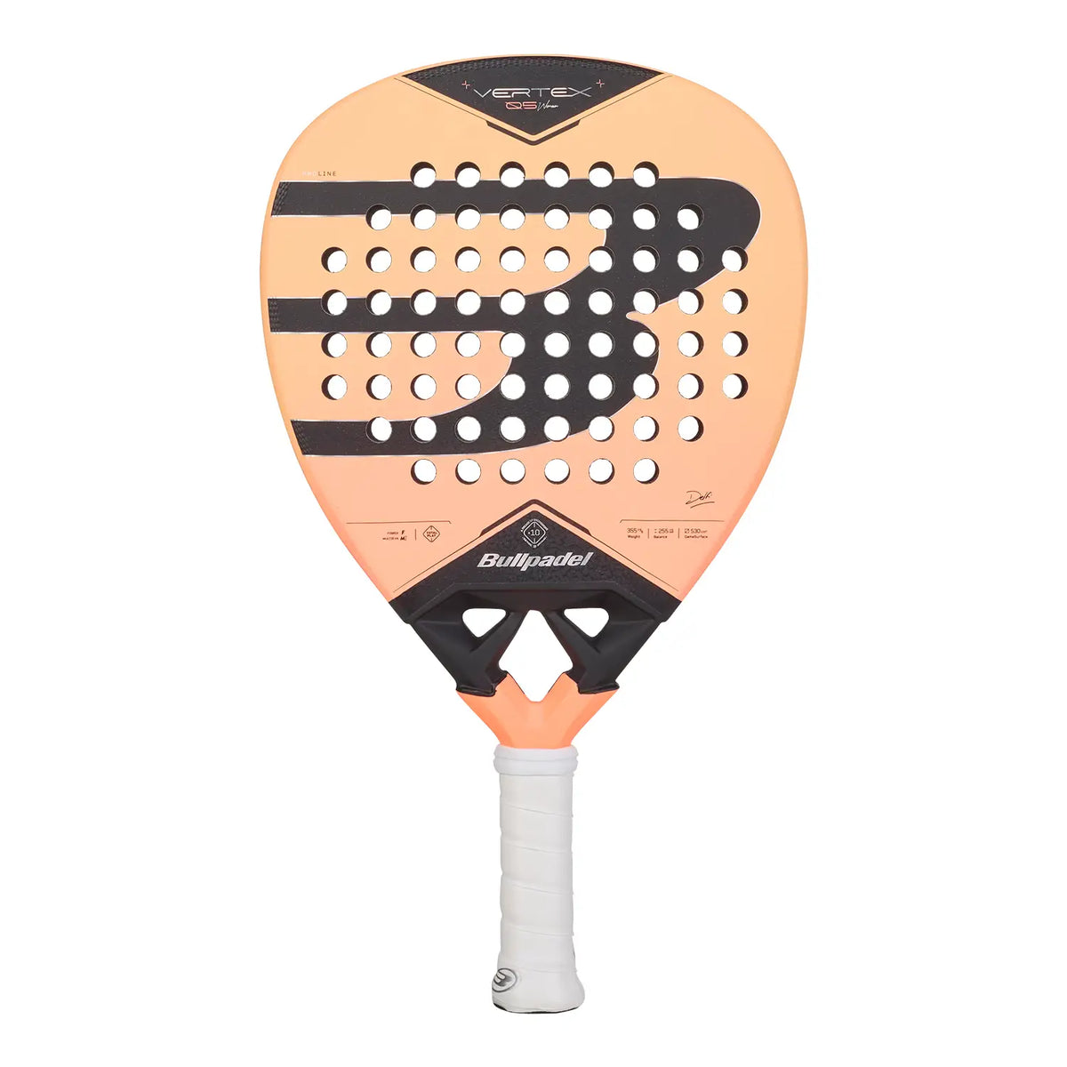 Vooraanzicht licht organje padel racket Bullpadel Vertex 05 2027 Woman met zwart Bullpadel logo op het slagoppervlak.