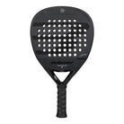 Vooraanzicht Bullpadel Icon 2027 zwart padel racket met iets donkerder zwart Bullpadle logo op het slagoppervlak.