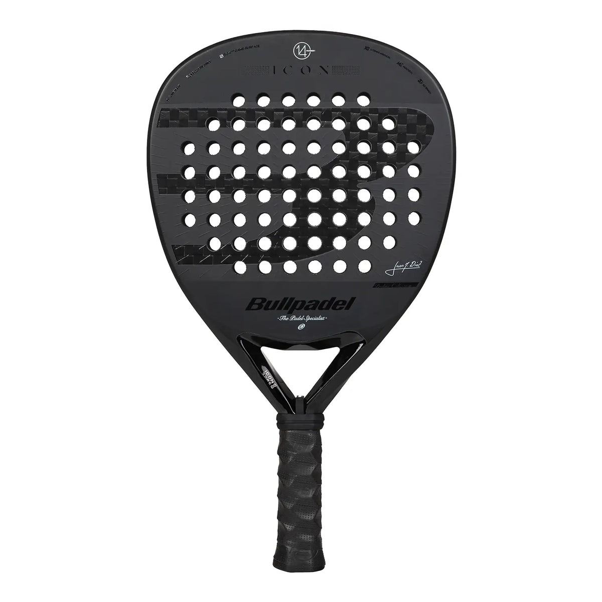 Vooraanzicht Bullpadel Icon 2027 zwart padel racket met iets donkerder zwart Bullpadle logo op het slagoppervlak.
