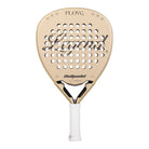 Vooraanzicht gouden padel racket met zwart woord Legend op het slagoppervlak en wit handvat