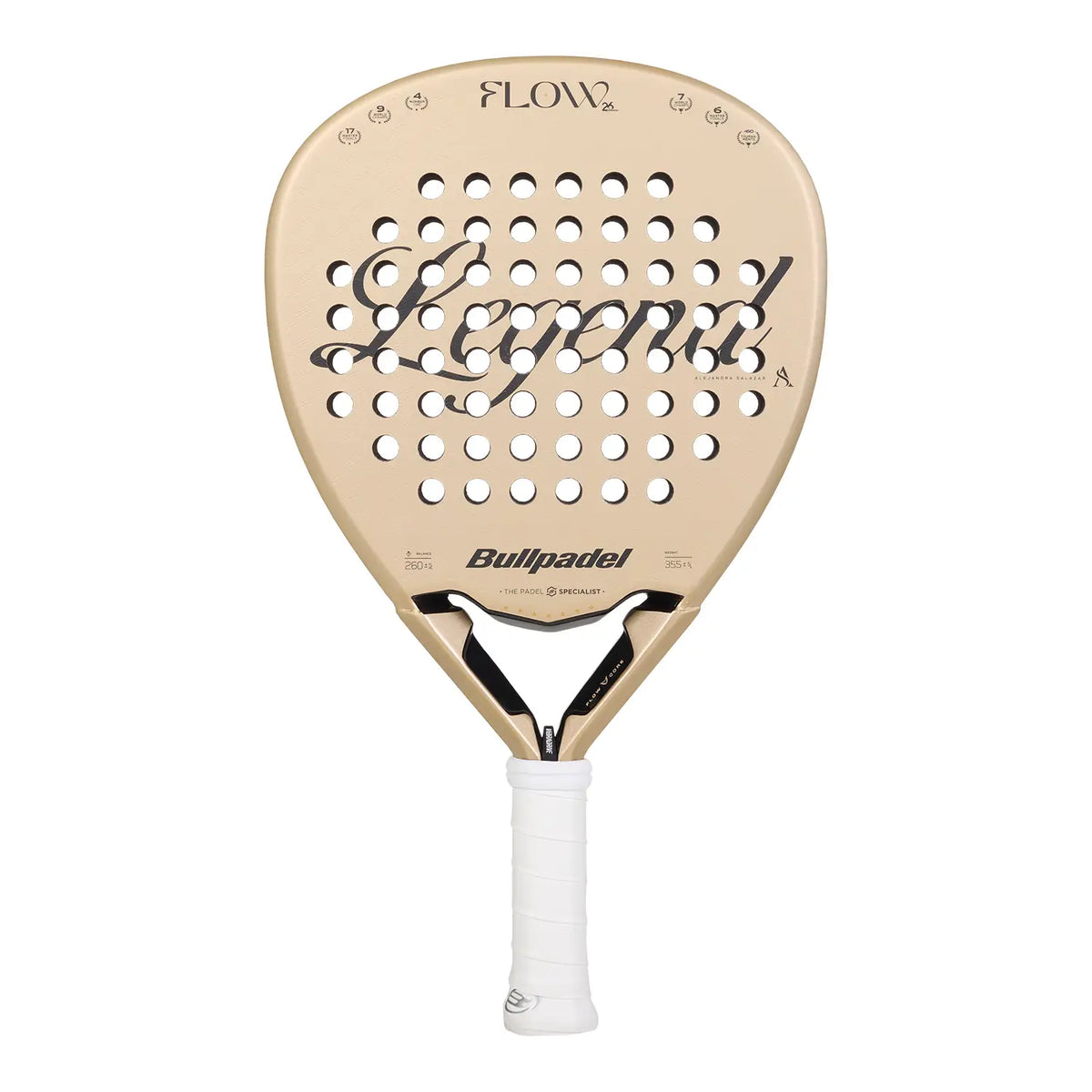 Vooraanzicht gouden padel racket met zwart woord Legend op het slagoppervlak en wit handvat