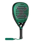 Schuin vooraanzicht Nox Ventus Attack 12k 2027 felgroene padel racket met zwarte x op het slagoppervalk en zwart handvat.